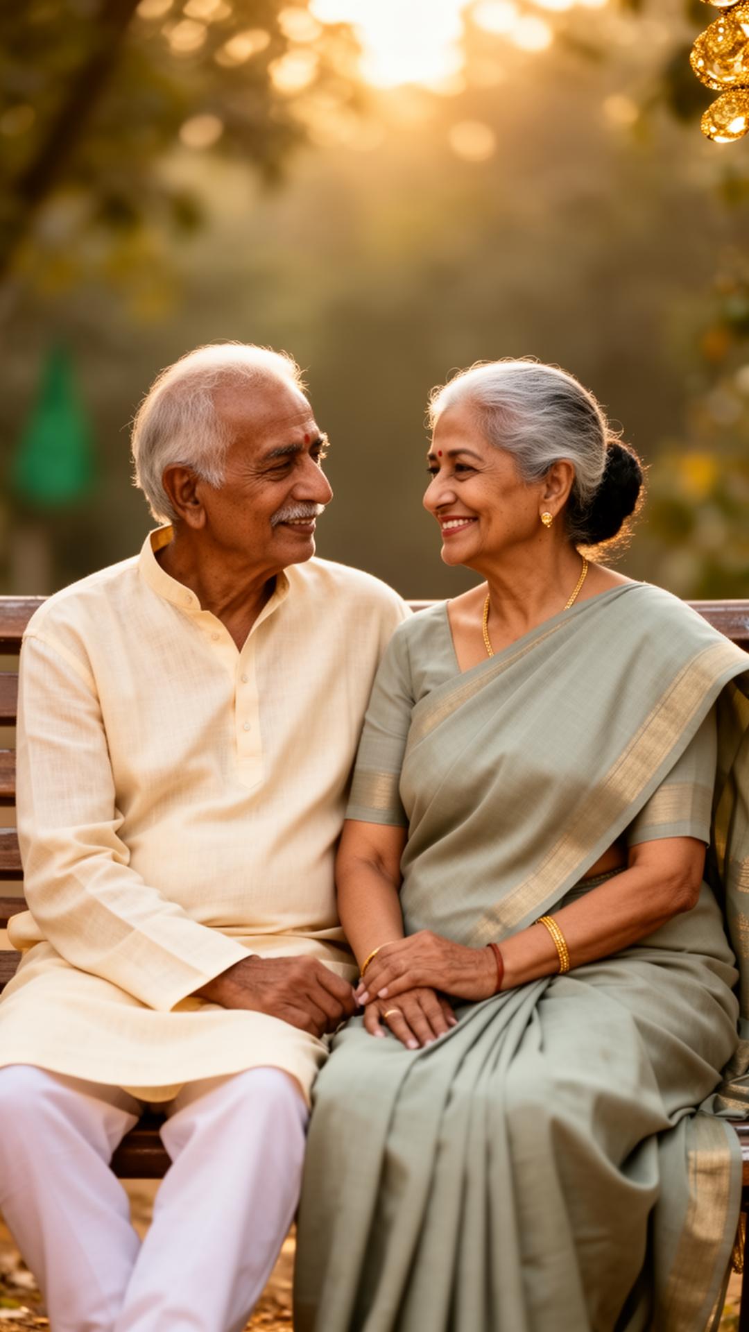 Elderly Indian couple in golden hour light