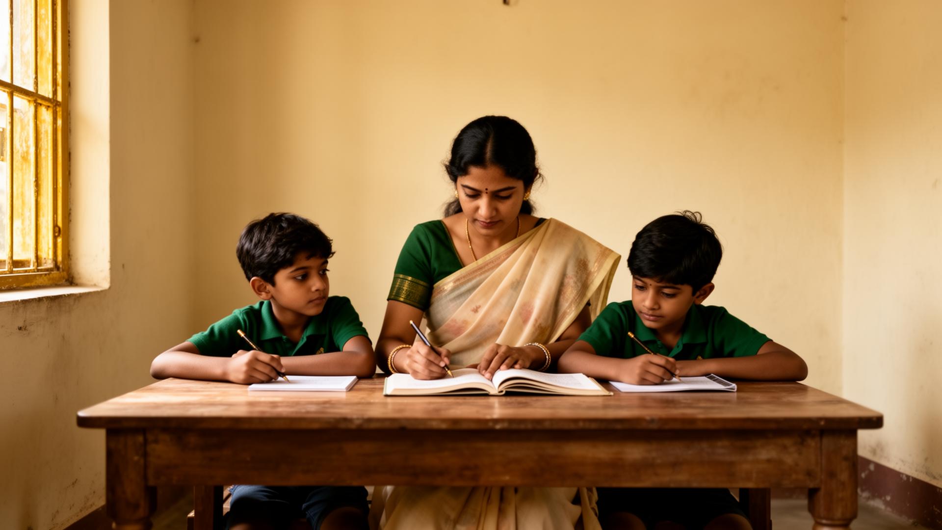 Mother teaching her children
