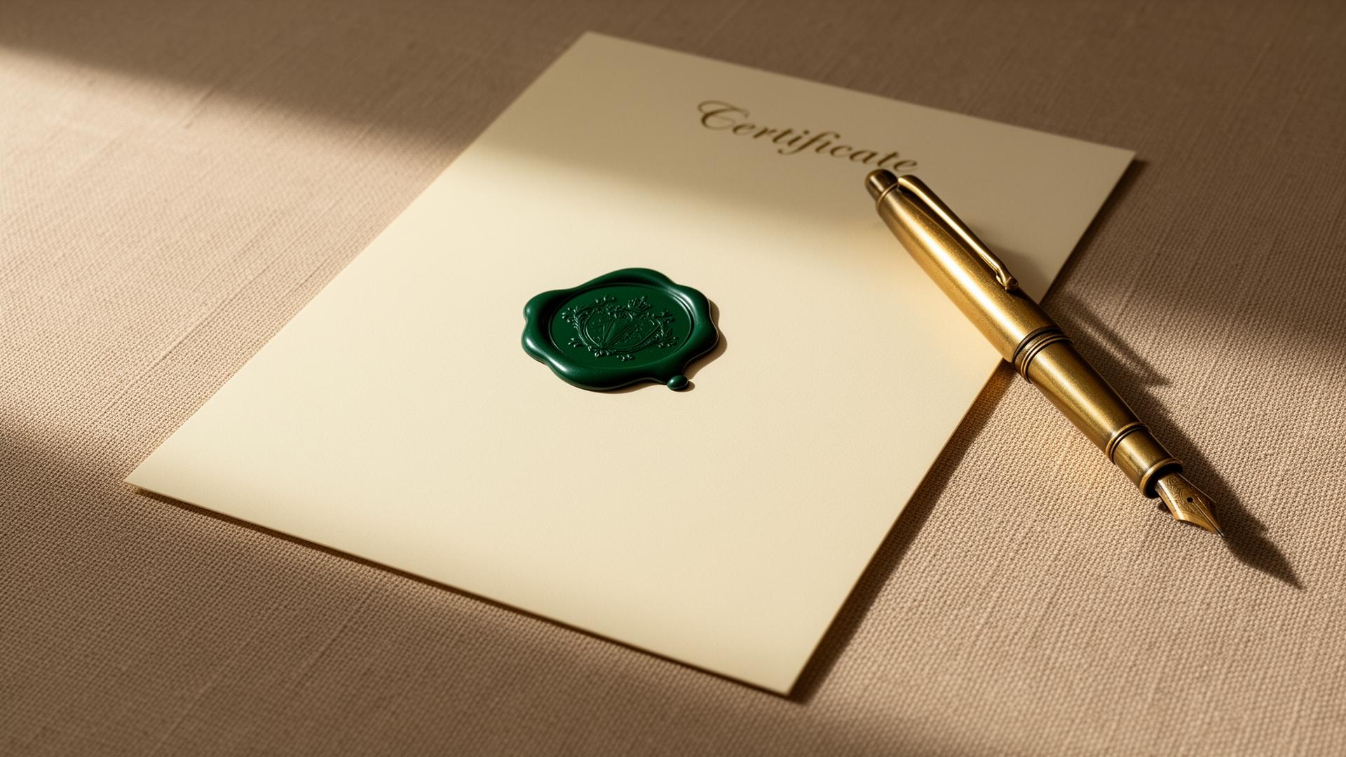 Atal Foundation certificate with green wax seal and gold pen